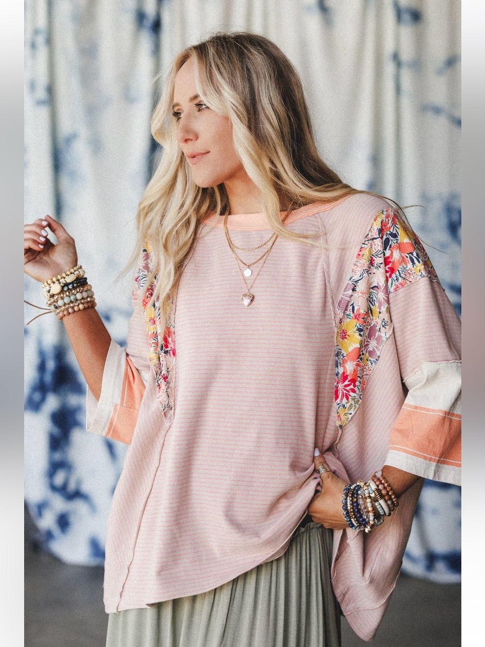 New: Easel “Britt” Boho Mixed Patchwork Relaxed  Fit 3/4 Sleeve Top• Small
